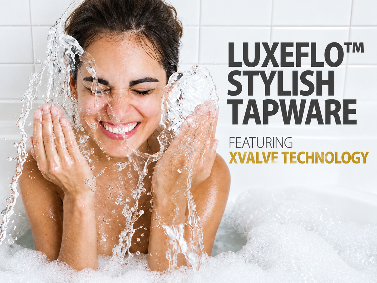 Luxeflo stylish tapware featuring XValve technology, with a woman splashing water on her face.
